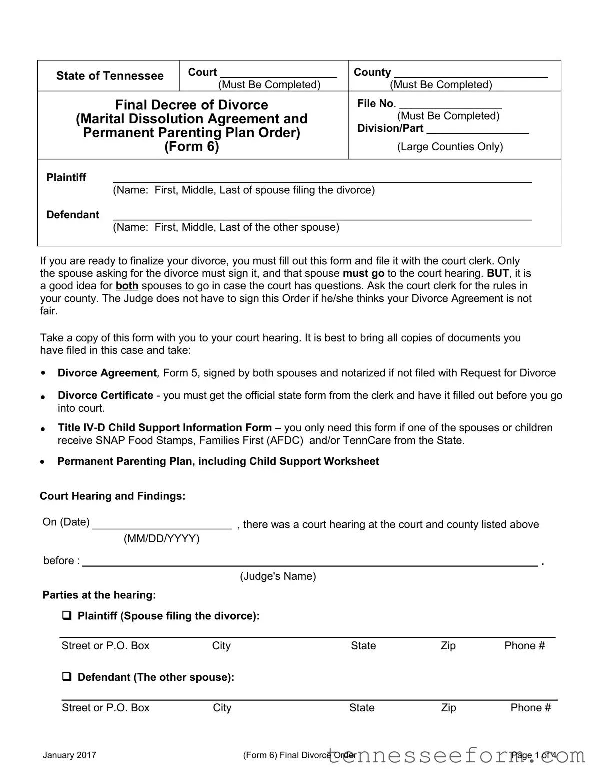 Get Final Divorce Order Tennessee Template in PDF