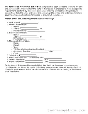 Tennessee Motorcycle Bill of Sale Document