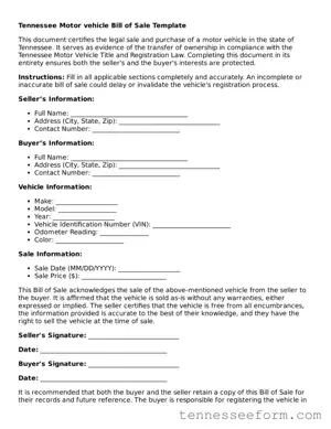 Tennessee Motor Vehicle Bill of Sale Document