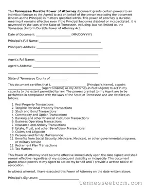 Tennessee Durable Power of Attorney Document
