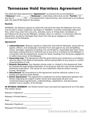 Tennessee Hold Harmless Agreement Document