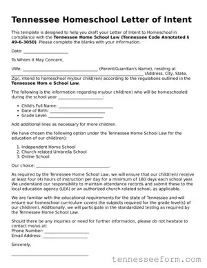 Tennessee Homeschool Letter of Intent Document