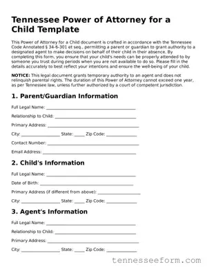 Tennessee Power of Attorney for a Child Document