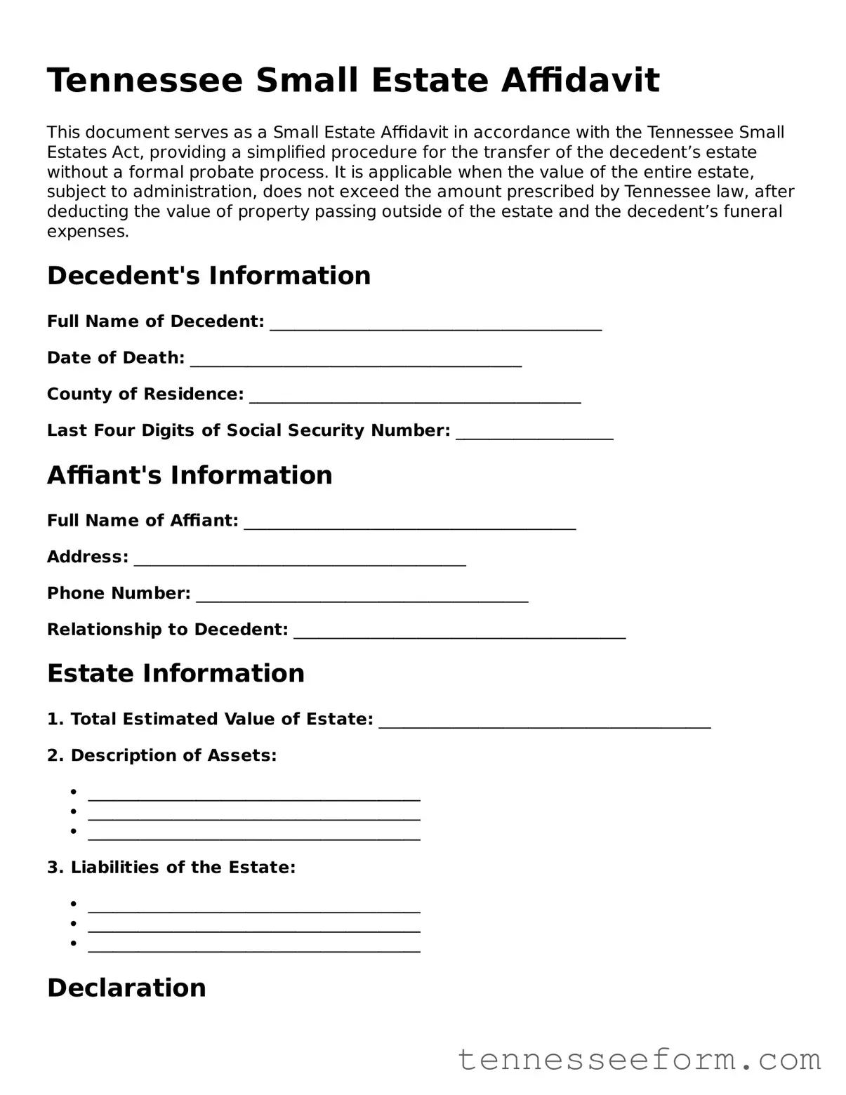 Tennessee Small Estate Affidavit Document
