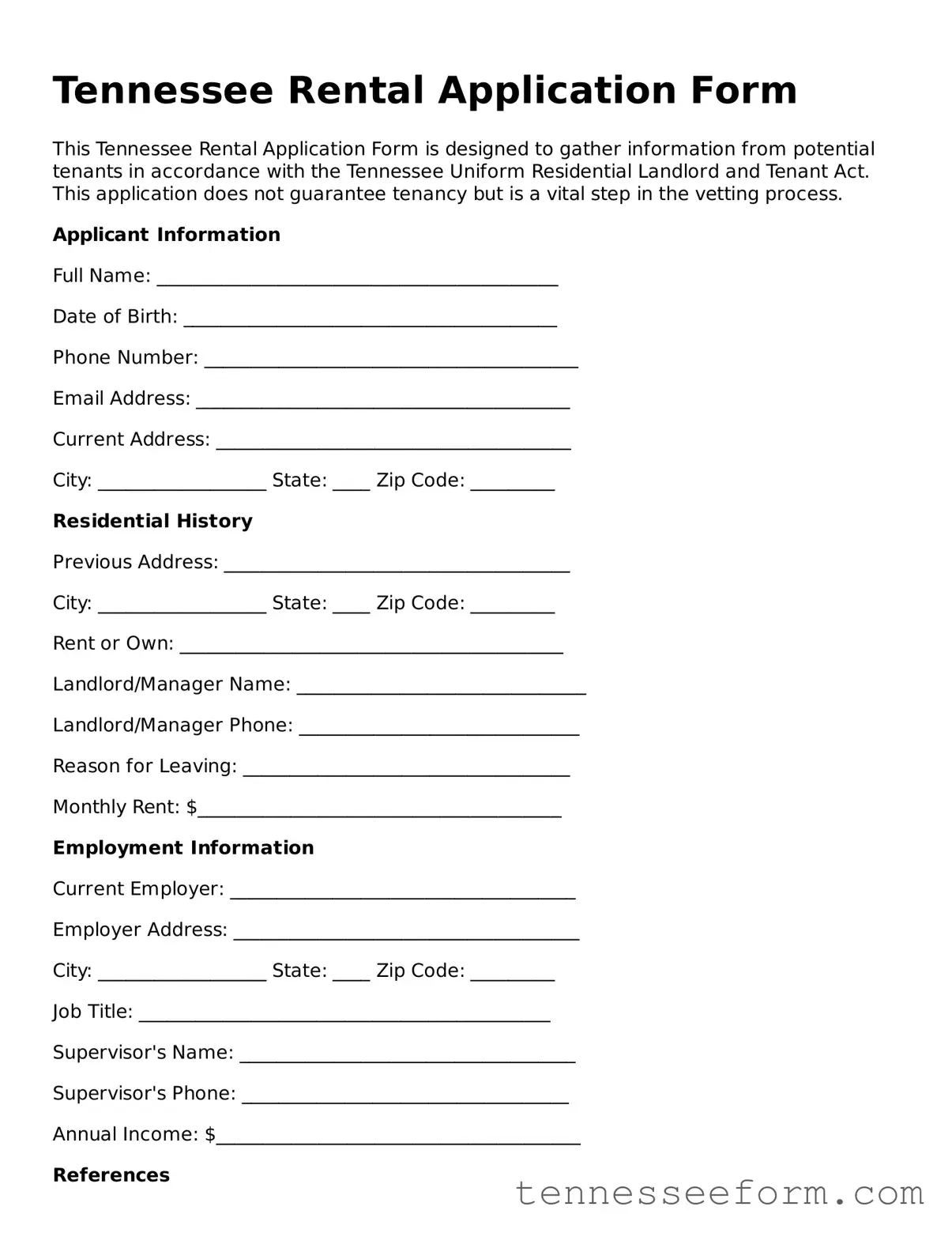 Tennessee Rental Application Document