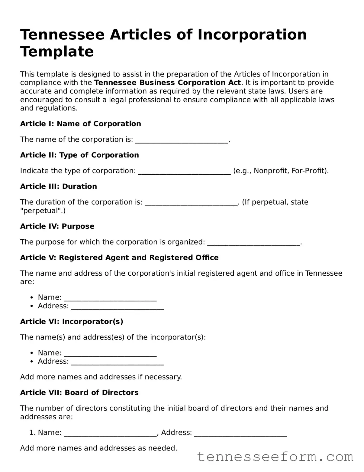 Tennessee Articles of Incorporation Document