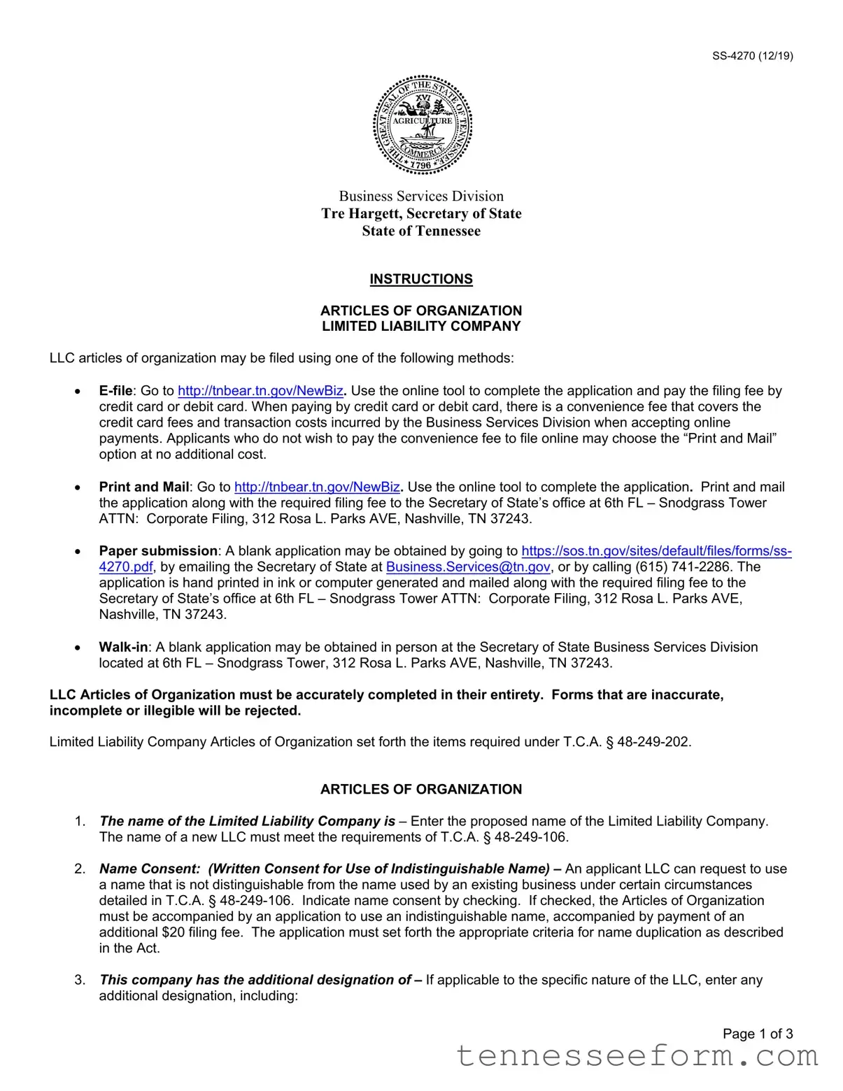 Get Tennessee Articles Organization Template in PDF