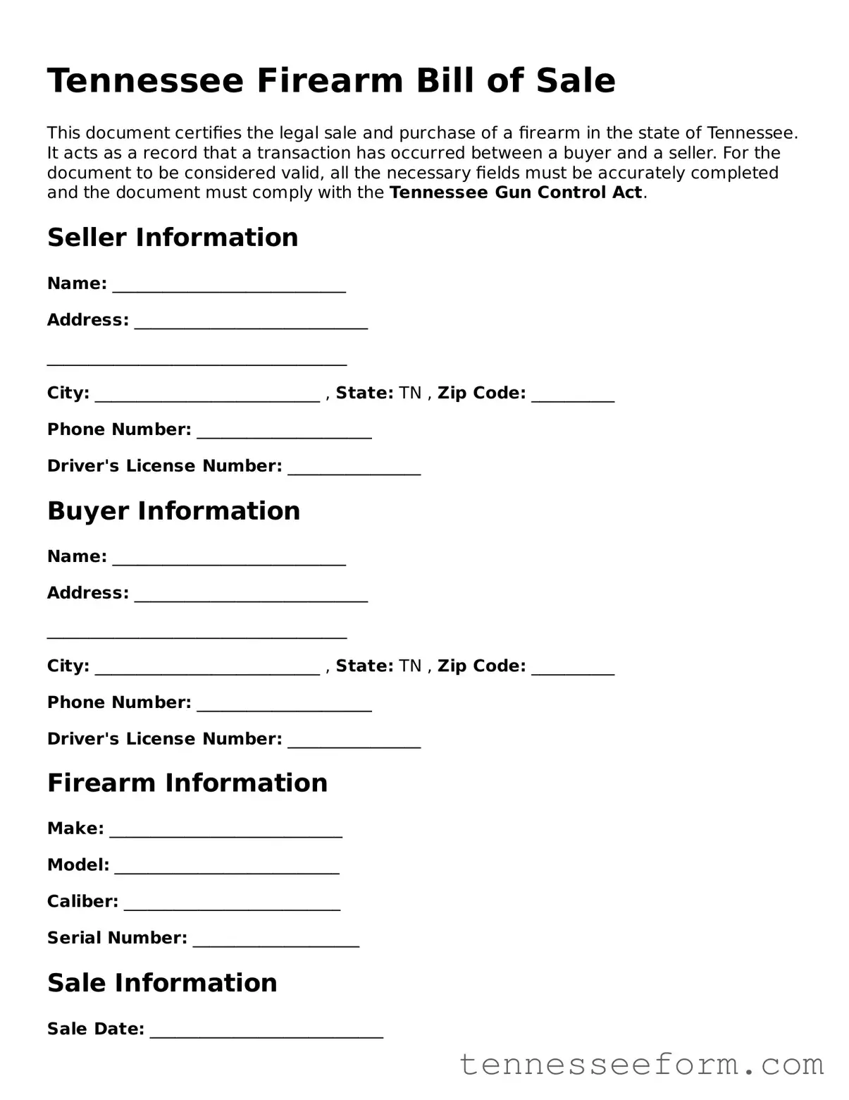 Tennessee Firearm Bill of Sale Document