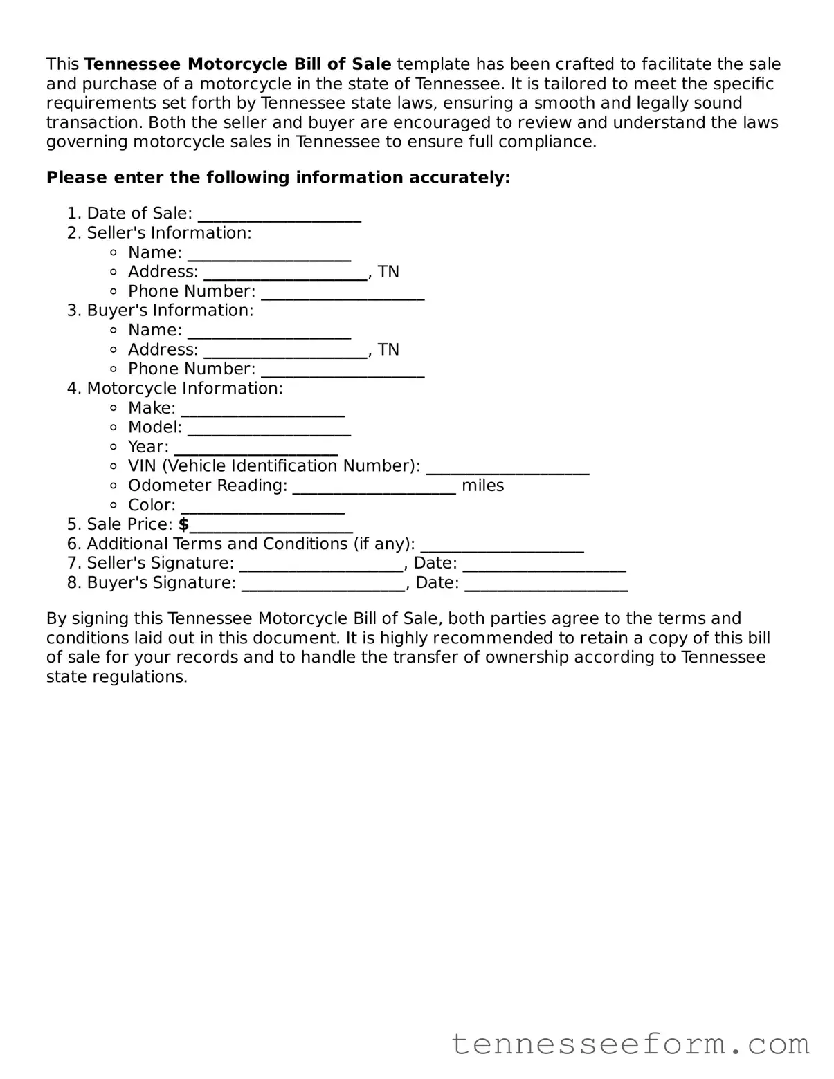 Tennessee Motorcycle Bill of Sale Document