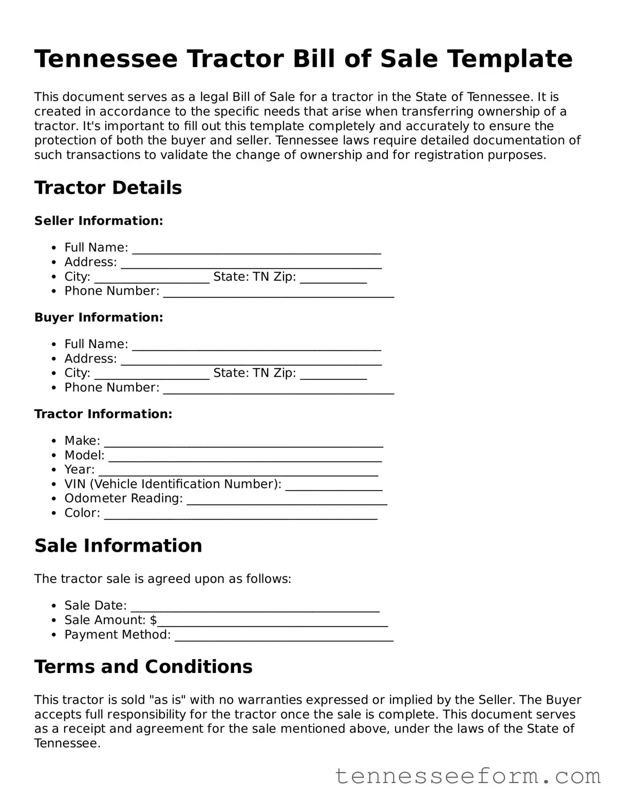 Tennessee Tractor Bill of Sale Document