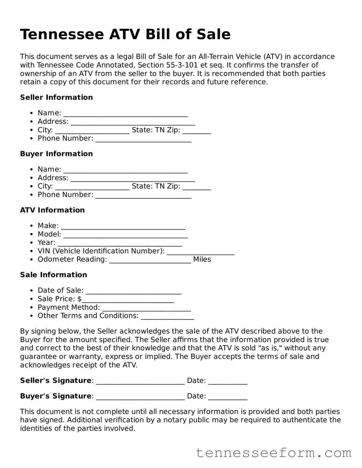 Tennessee ATV Bill of Sale Document