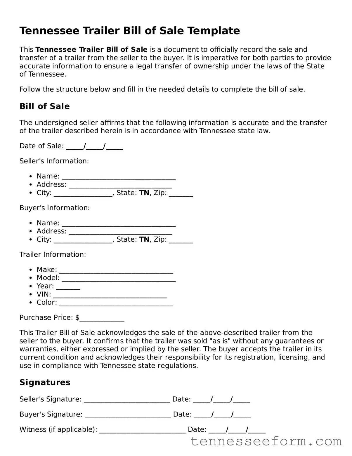 Tennessee Trailer Bill of Sale Document