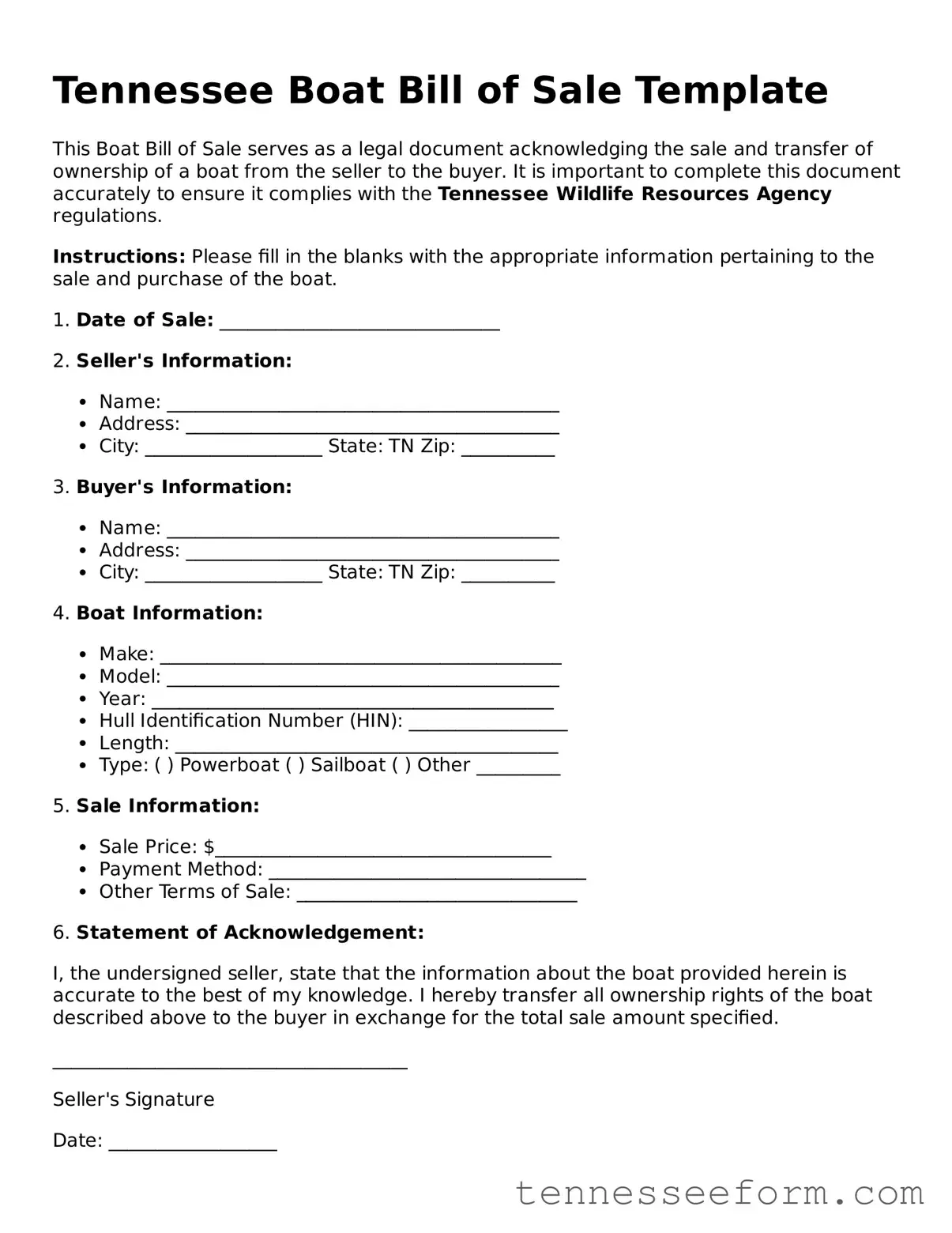 Tennessee Boat Bill of Sale Document