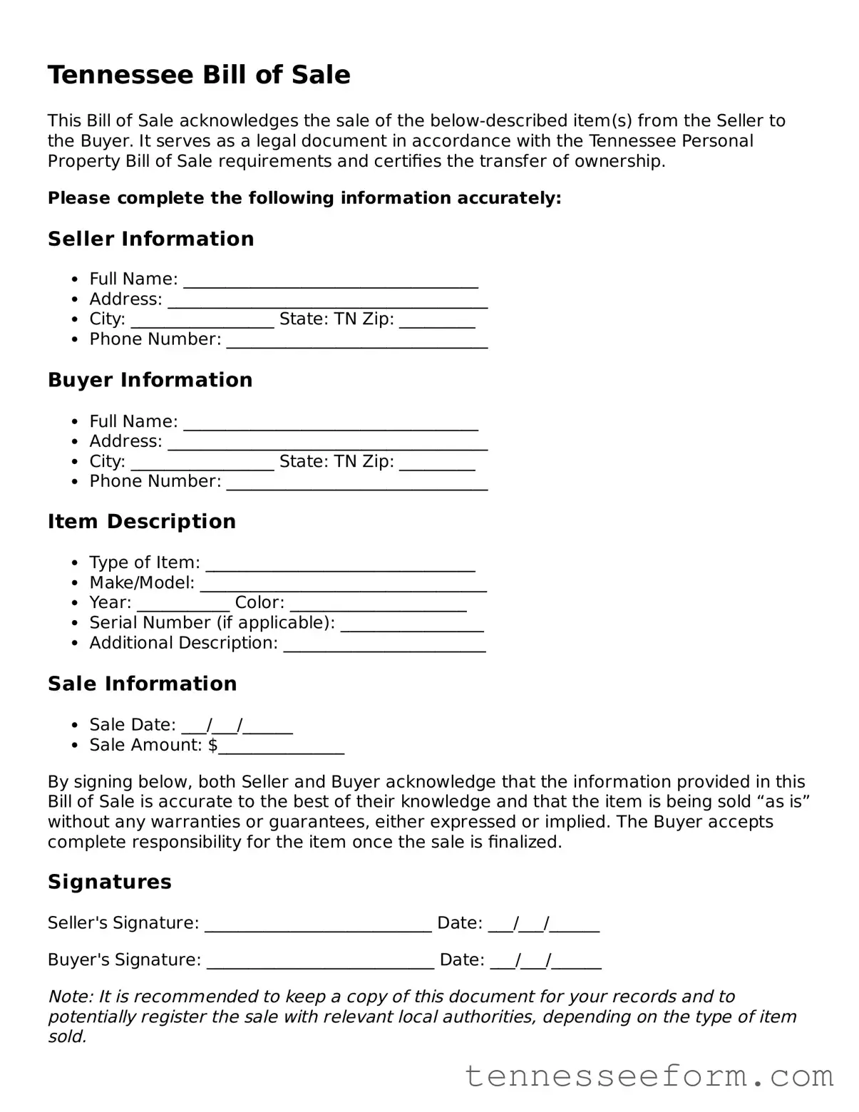 Tennessee Bill of Sale Document