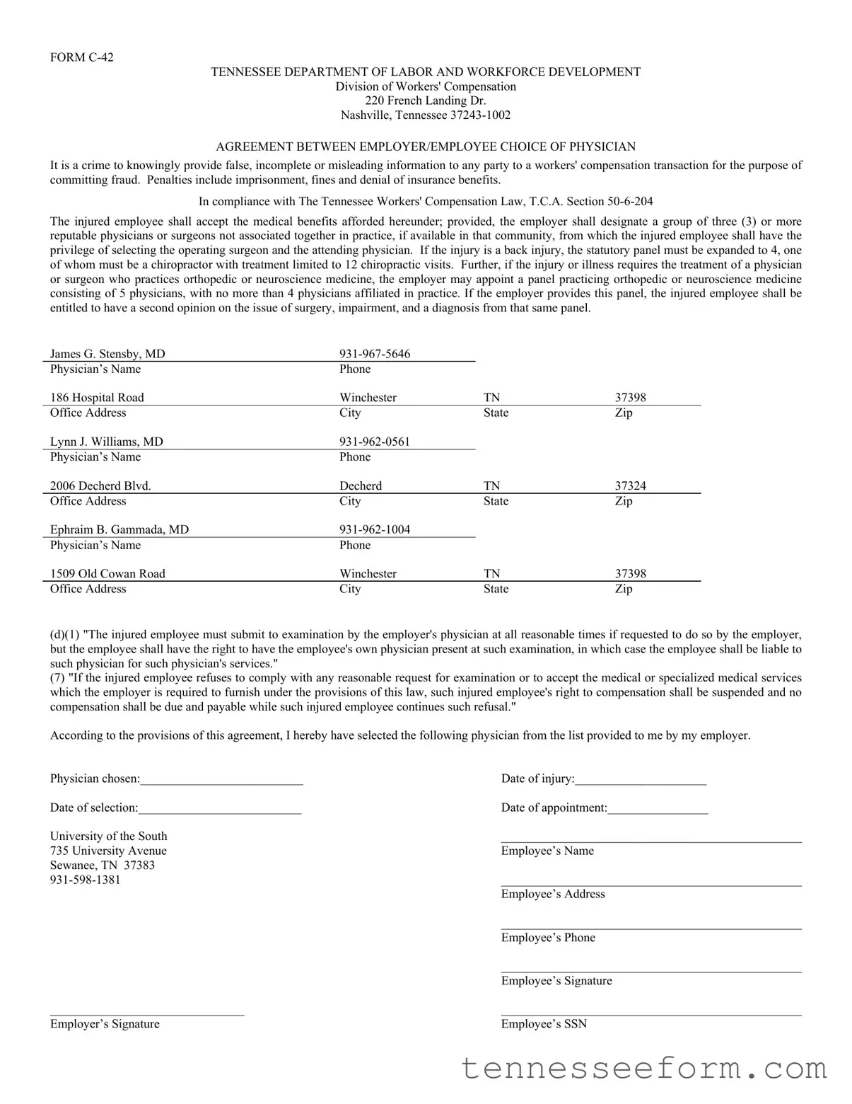 Get Tennessee C 42 Template in PDF