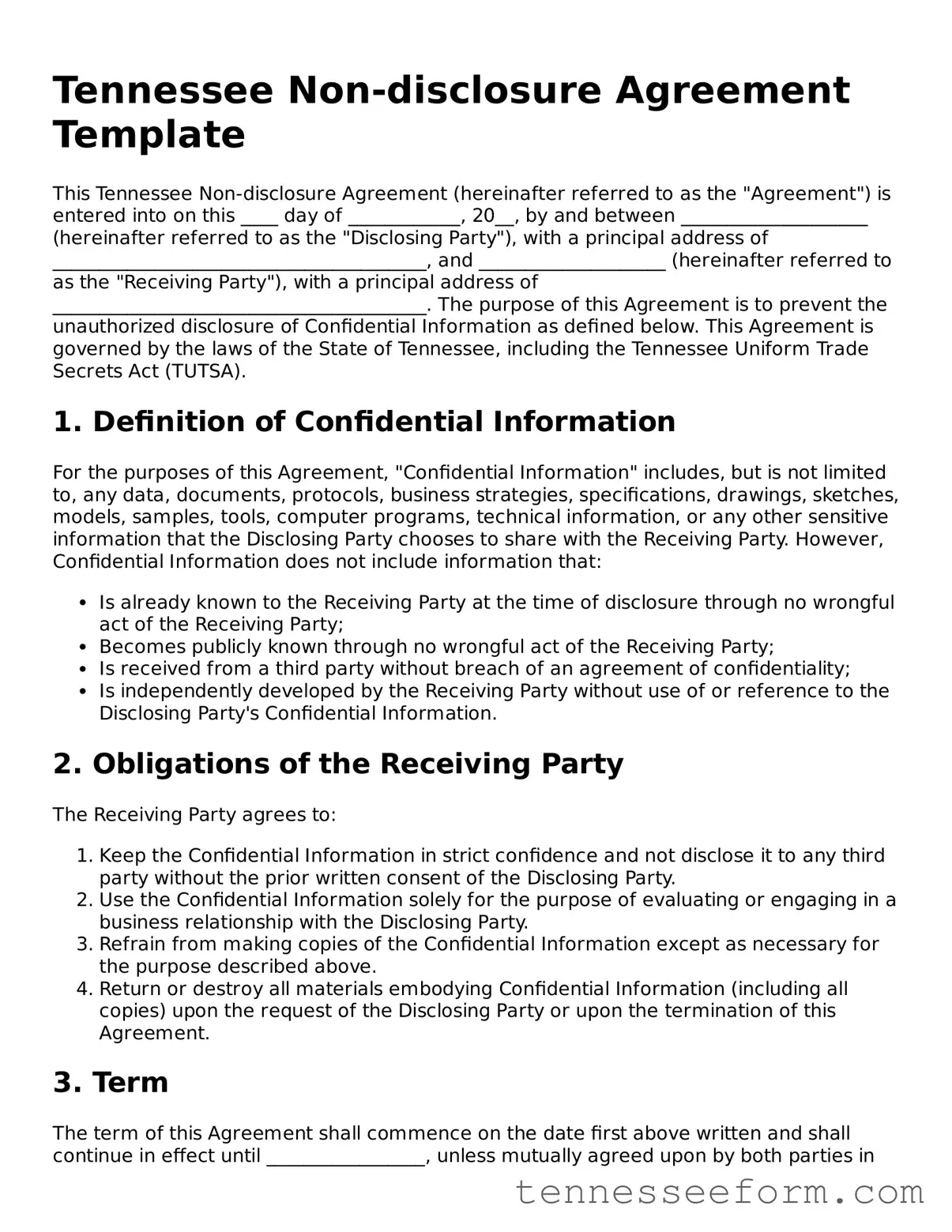 Tennessee Non-disclosure Agreement Document