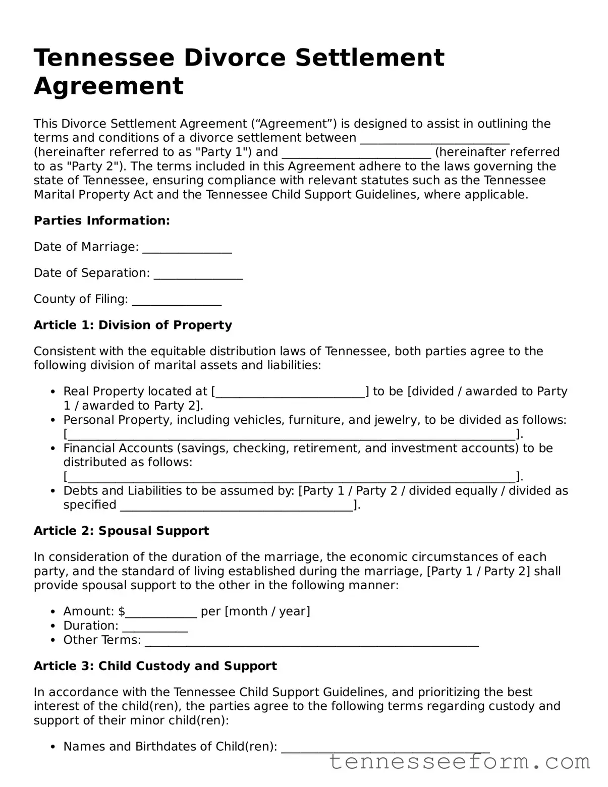 Tennessee Divorce Settlement Agreement Document