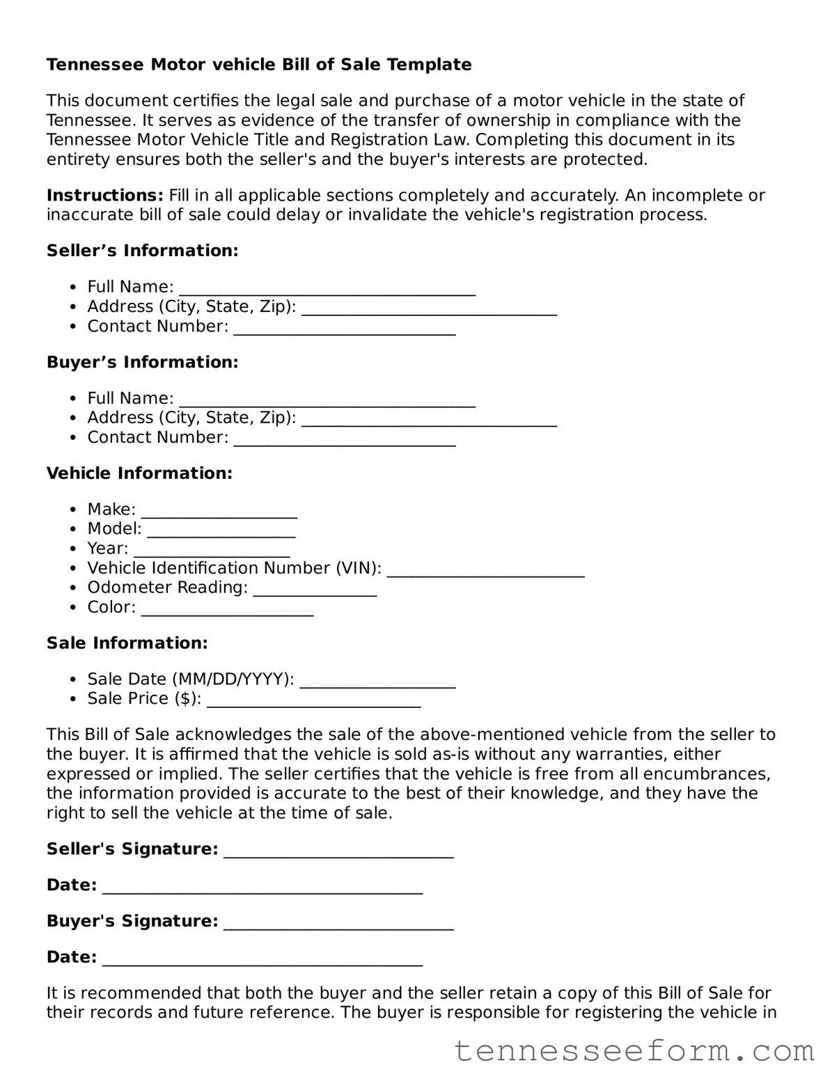 Tennessee Motor Vehicle Bill of Sale Document