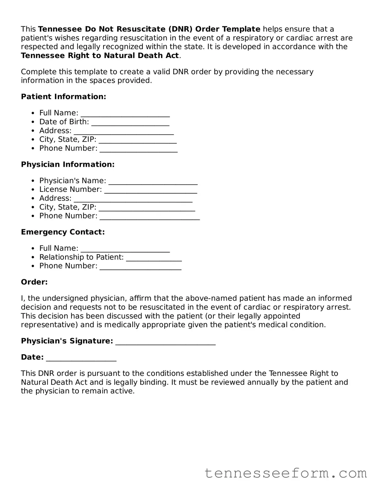 Tennessee Do Not Resuscitate Order Document