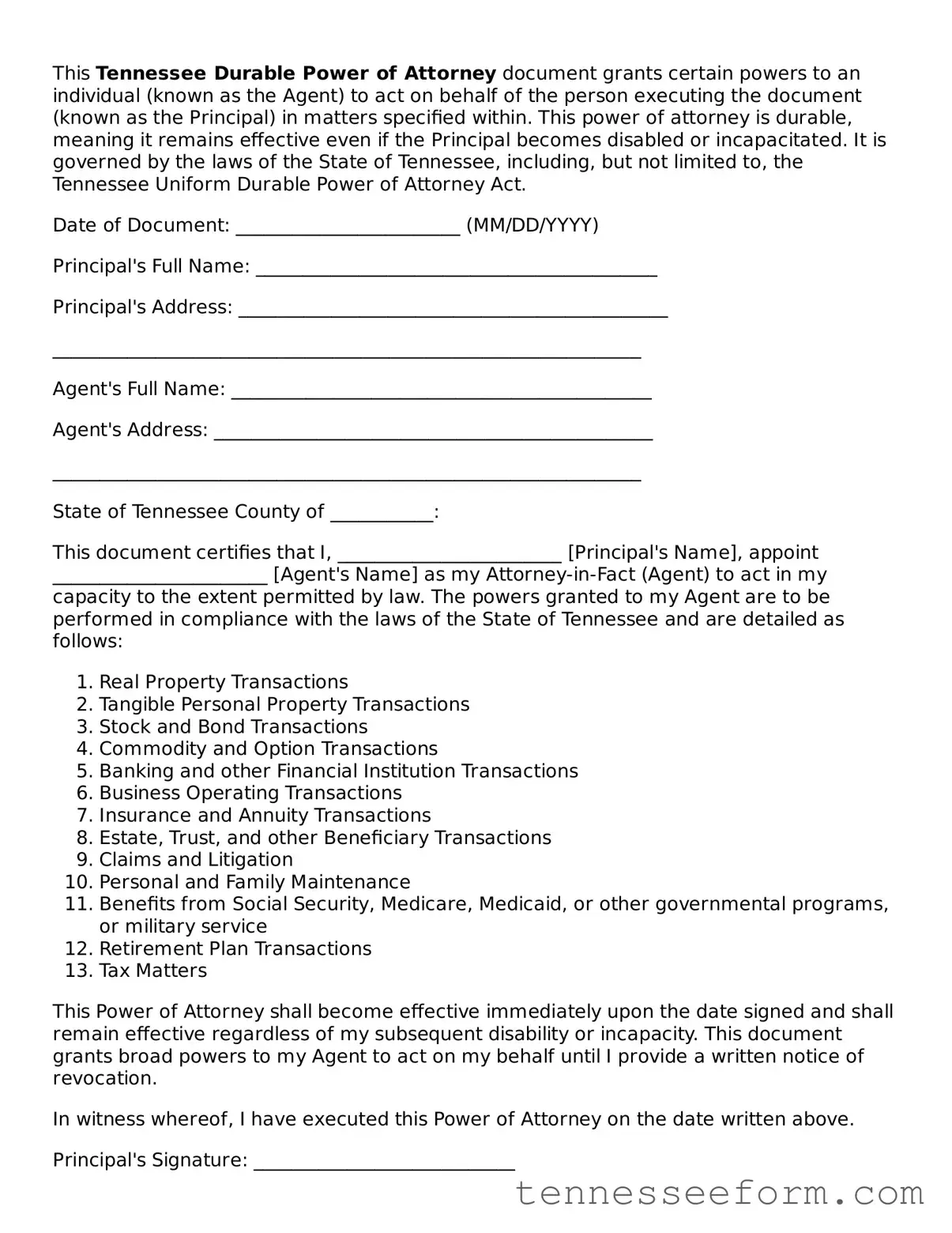 Tennessee Durable Power of Attorney Document
