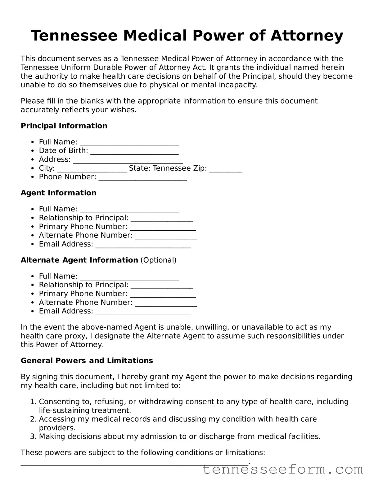 Tennessee Medical Power of Attorney Document