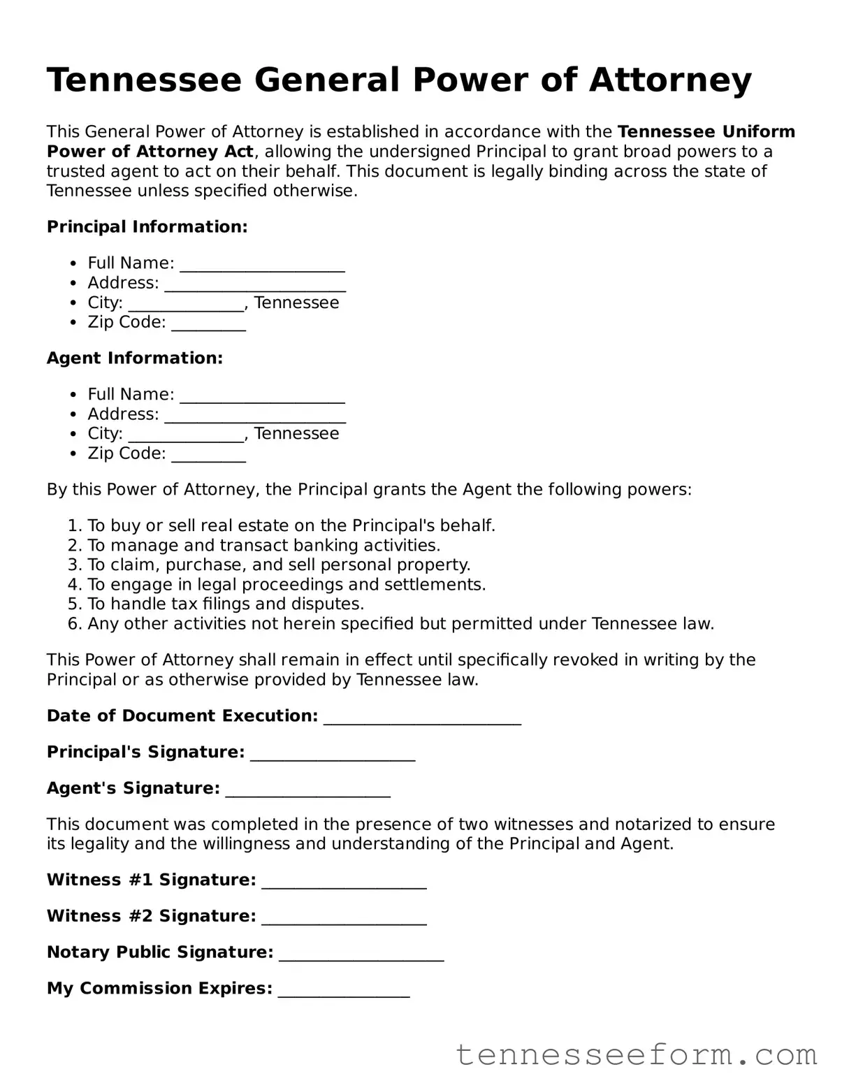 Tennessee General Power of Attorney Document