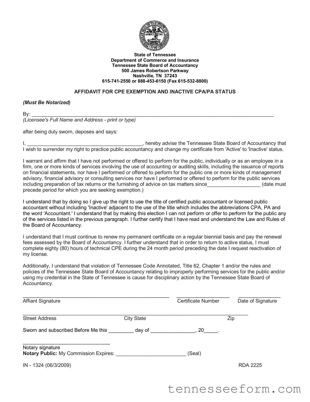 Get Tennessee In 1324 Template in PDF