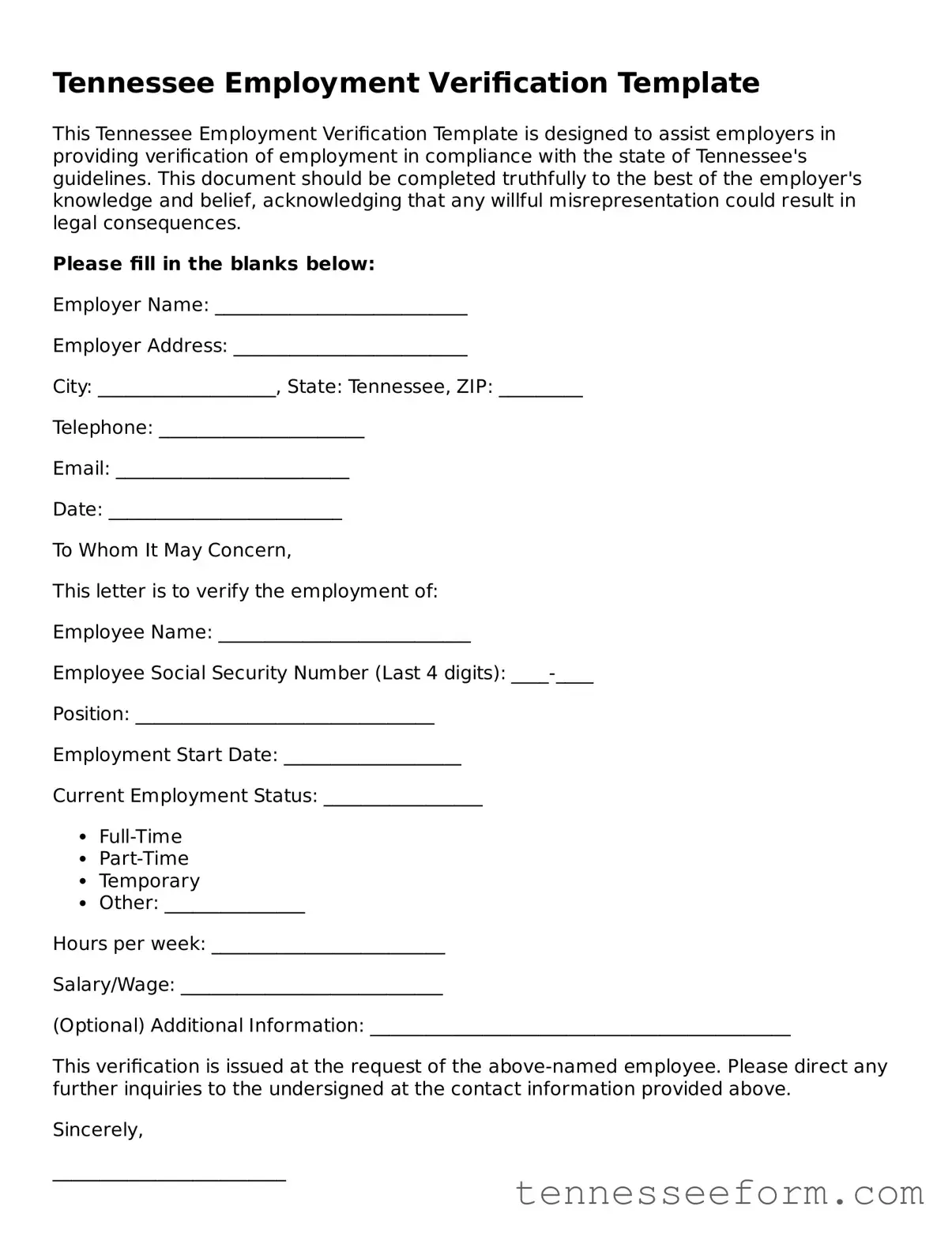Tennessee Employment Verification Document
