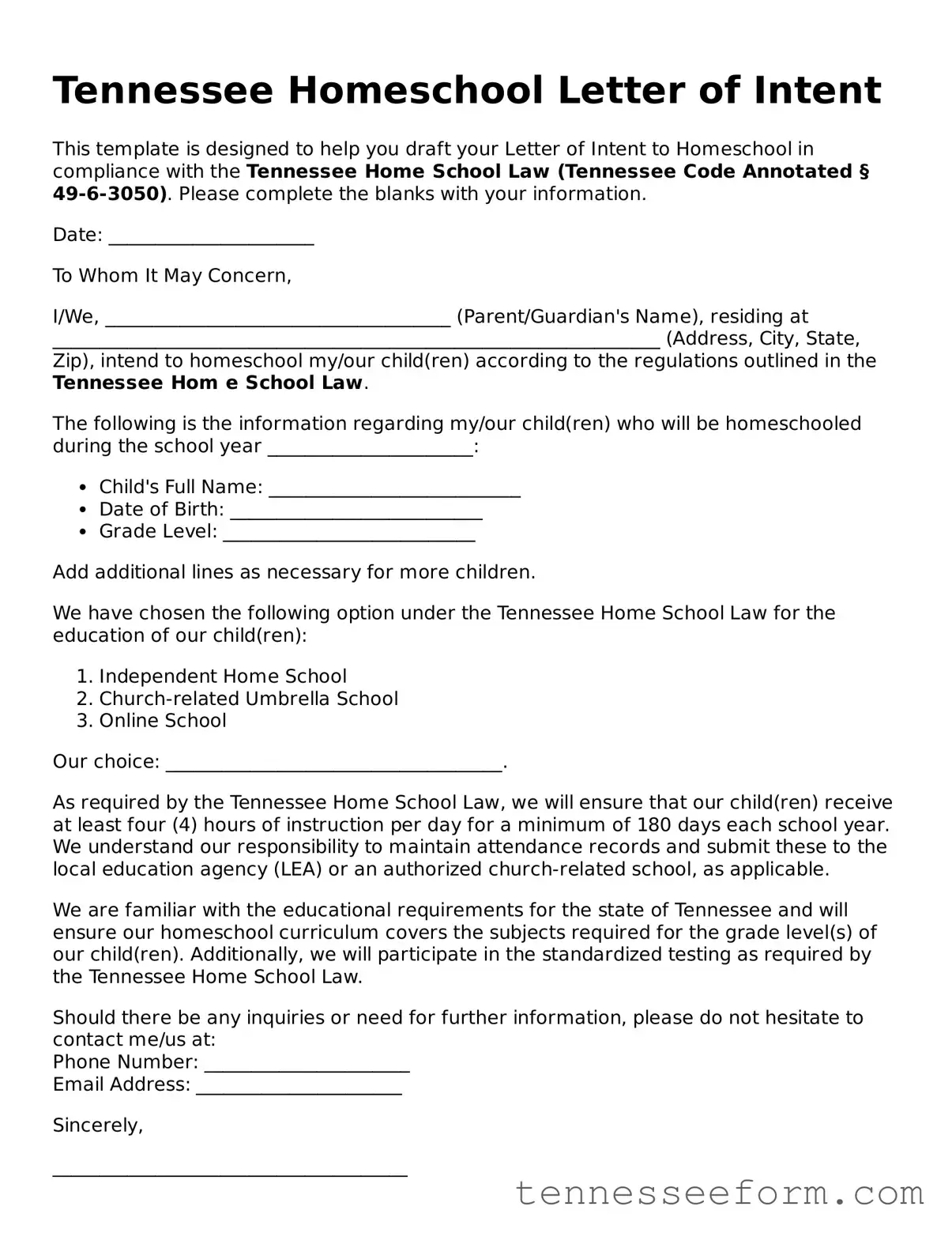 Tennessee Homeschool Letter of Intent Document