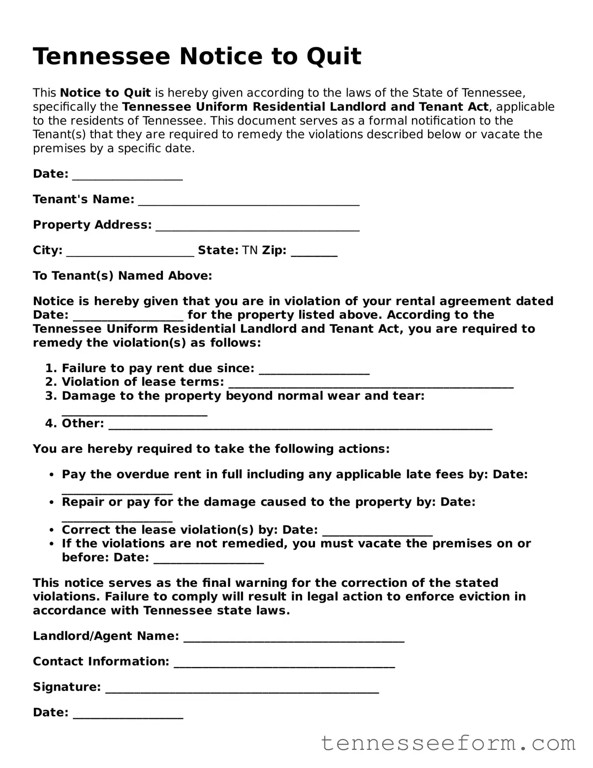 Tennessee Notice to Quit Document