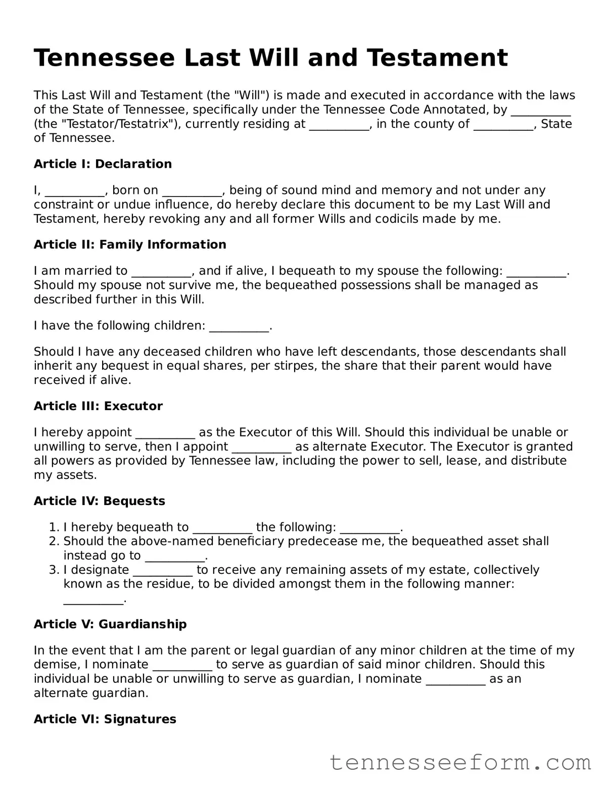 Tennessee Last Will and Testament Document