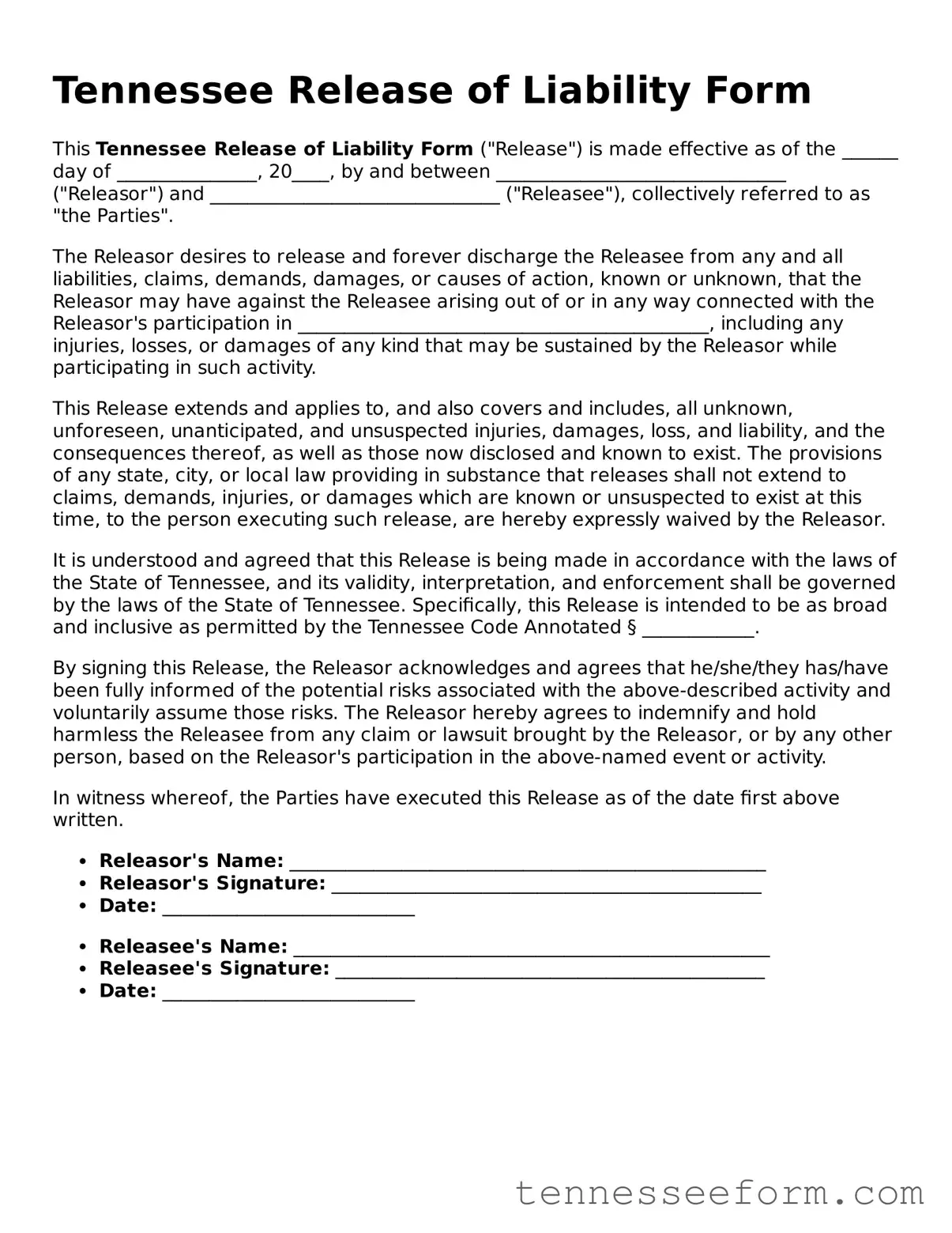 Tennessee Release of Liability Document