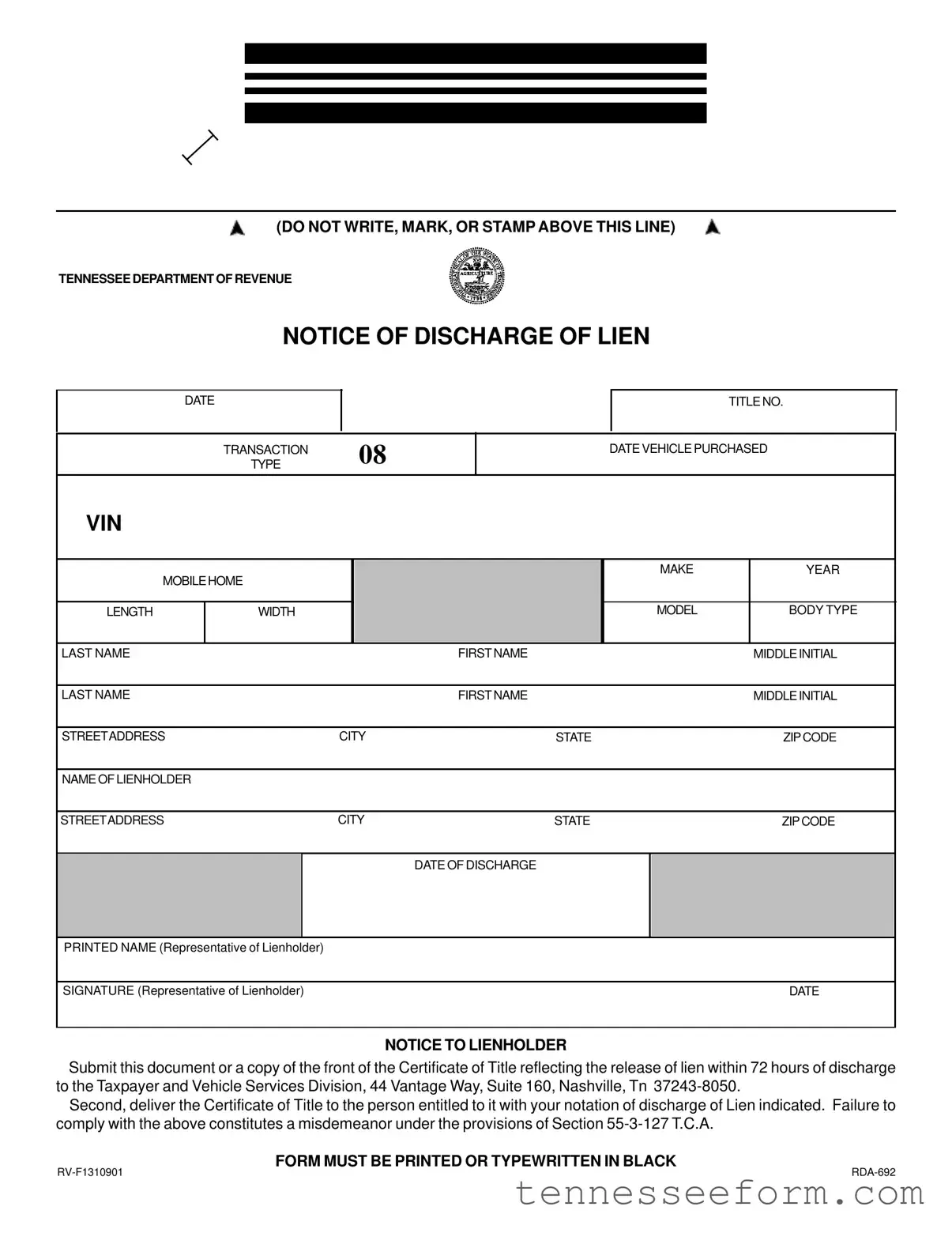 Get Tennessee Lien Discharge Template in PDF