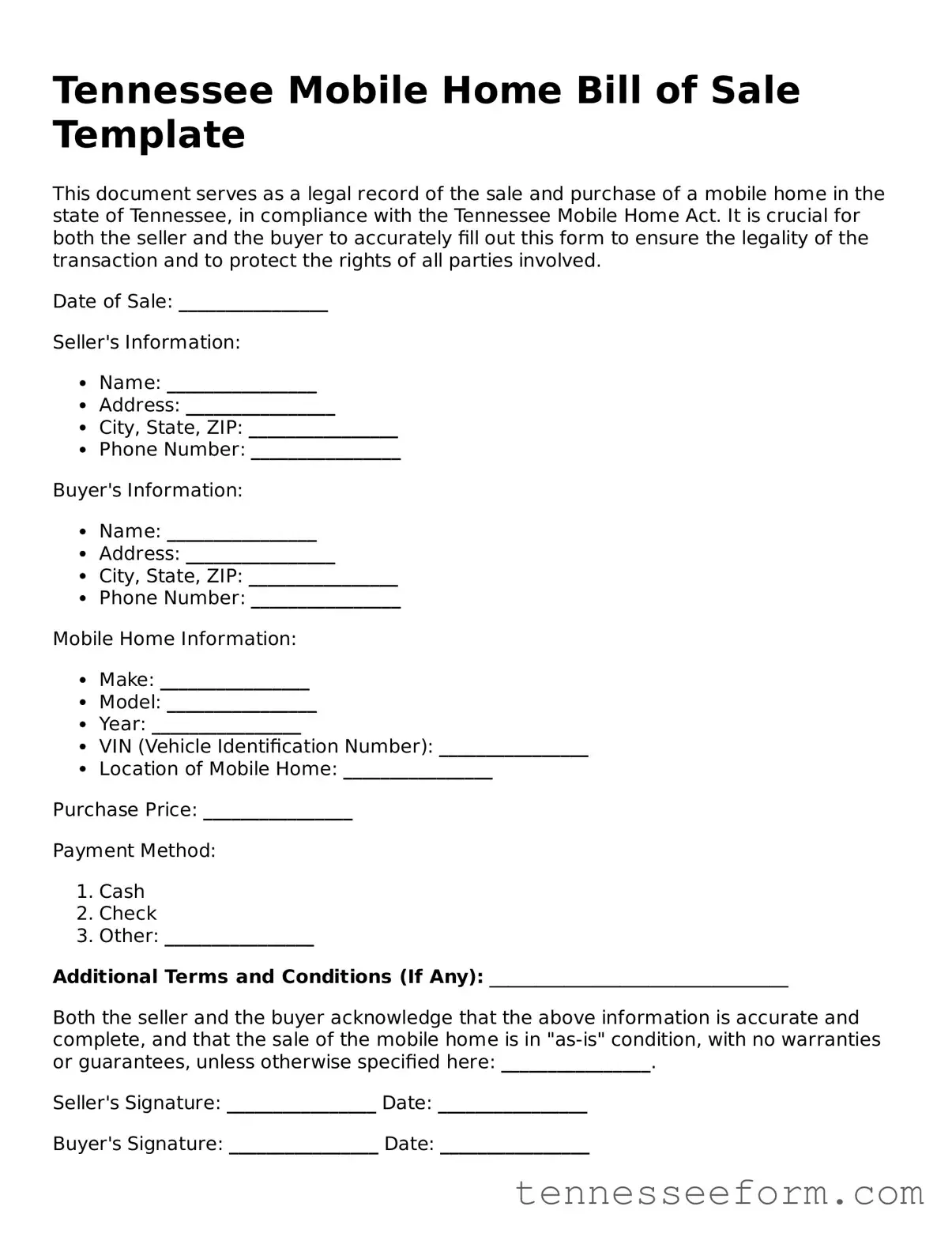Tennessee Mobile Home Bill of Sale Document