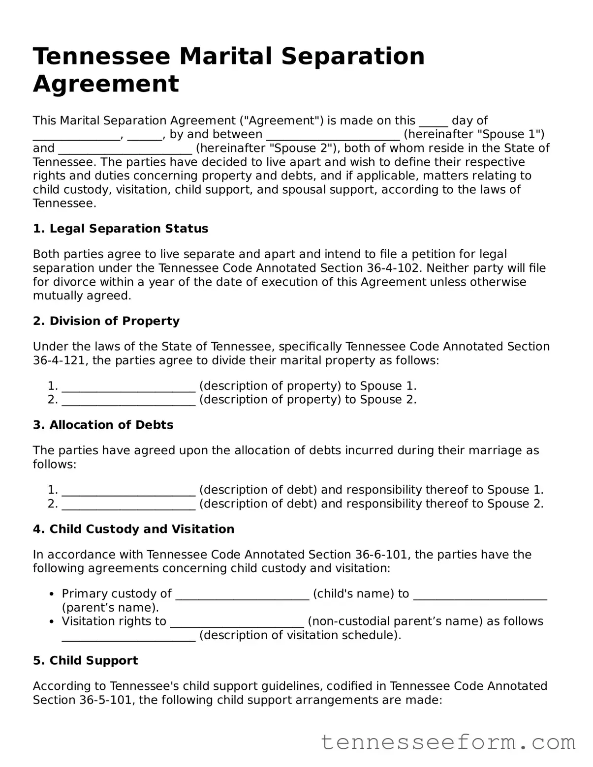 Tennessee Marital Separation Agreement Document