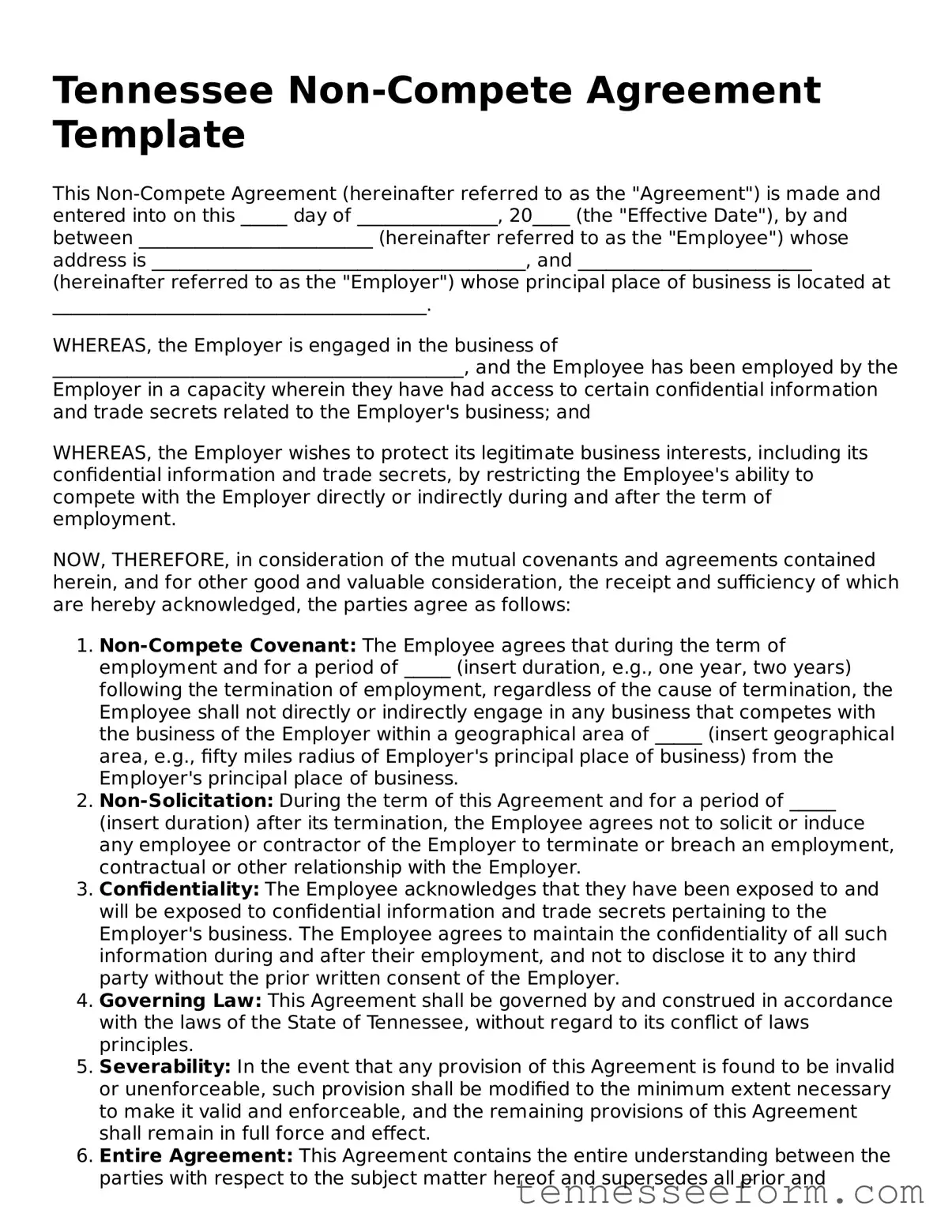 Tennessee Non-compete Agreement Document