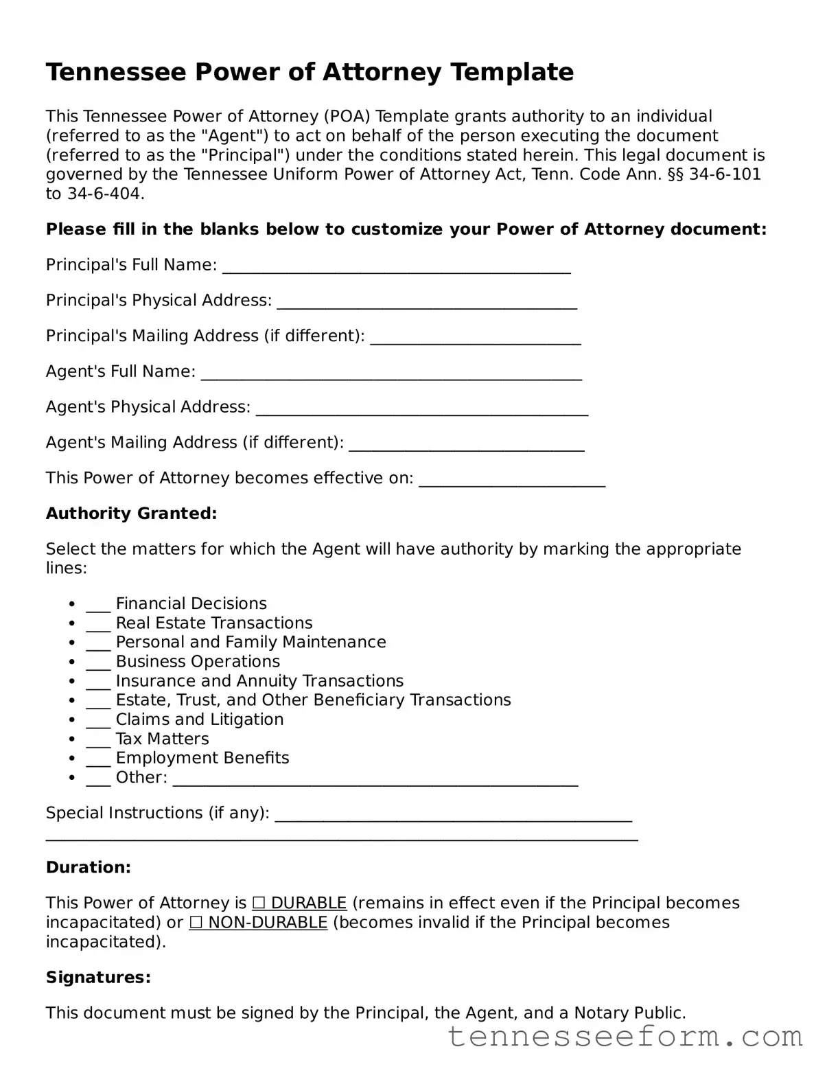 Tennessee Power of Attorney Document