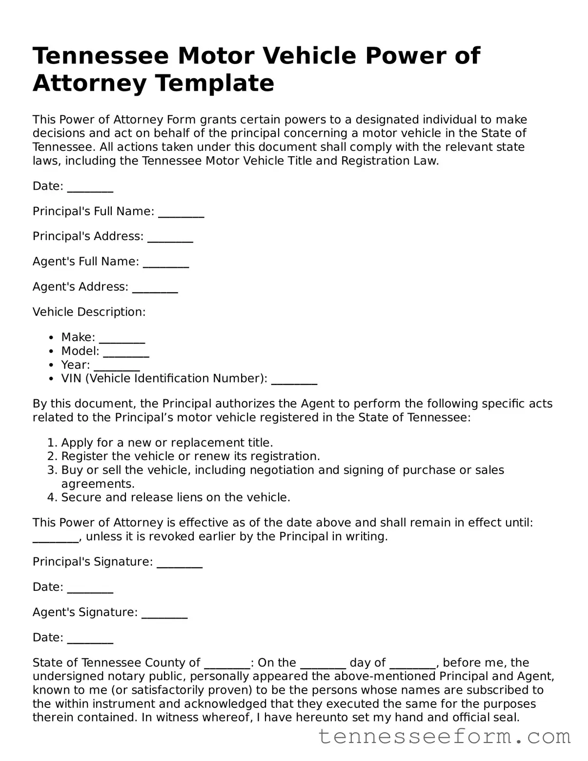 Tennessee Motor Vehicle Power of Attorney Document