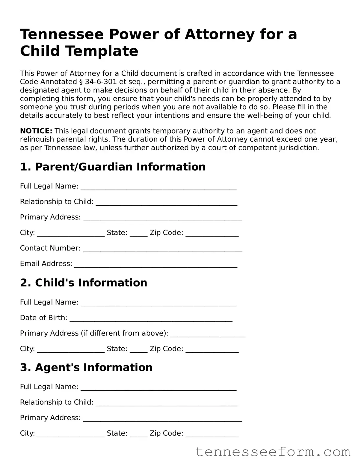Tennessee Power of Attorney for a Child Document