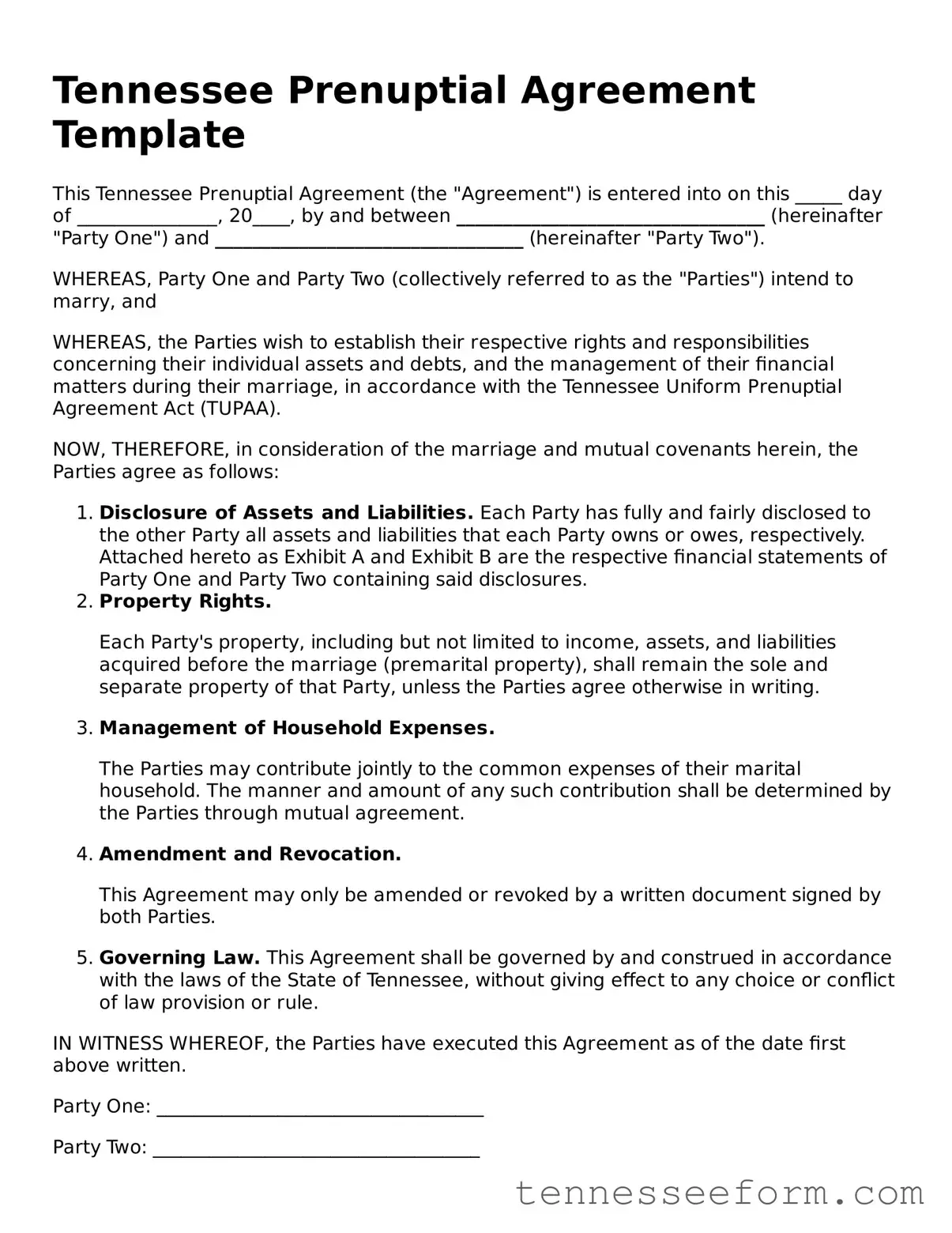 Tennessee Prenuptial Agreement Document
