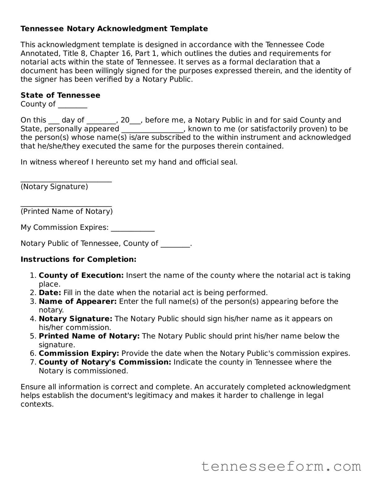 Tennessee Notary Acknowledgement Document