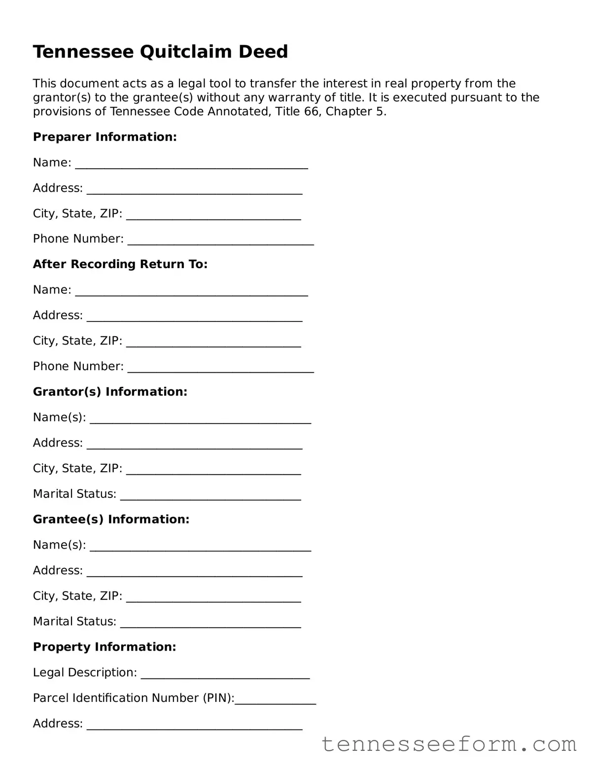 Tennessee Quitclaim Deed Document