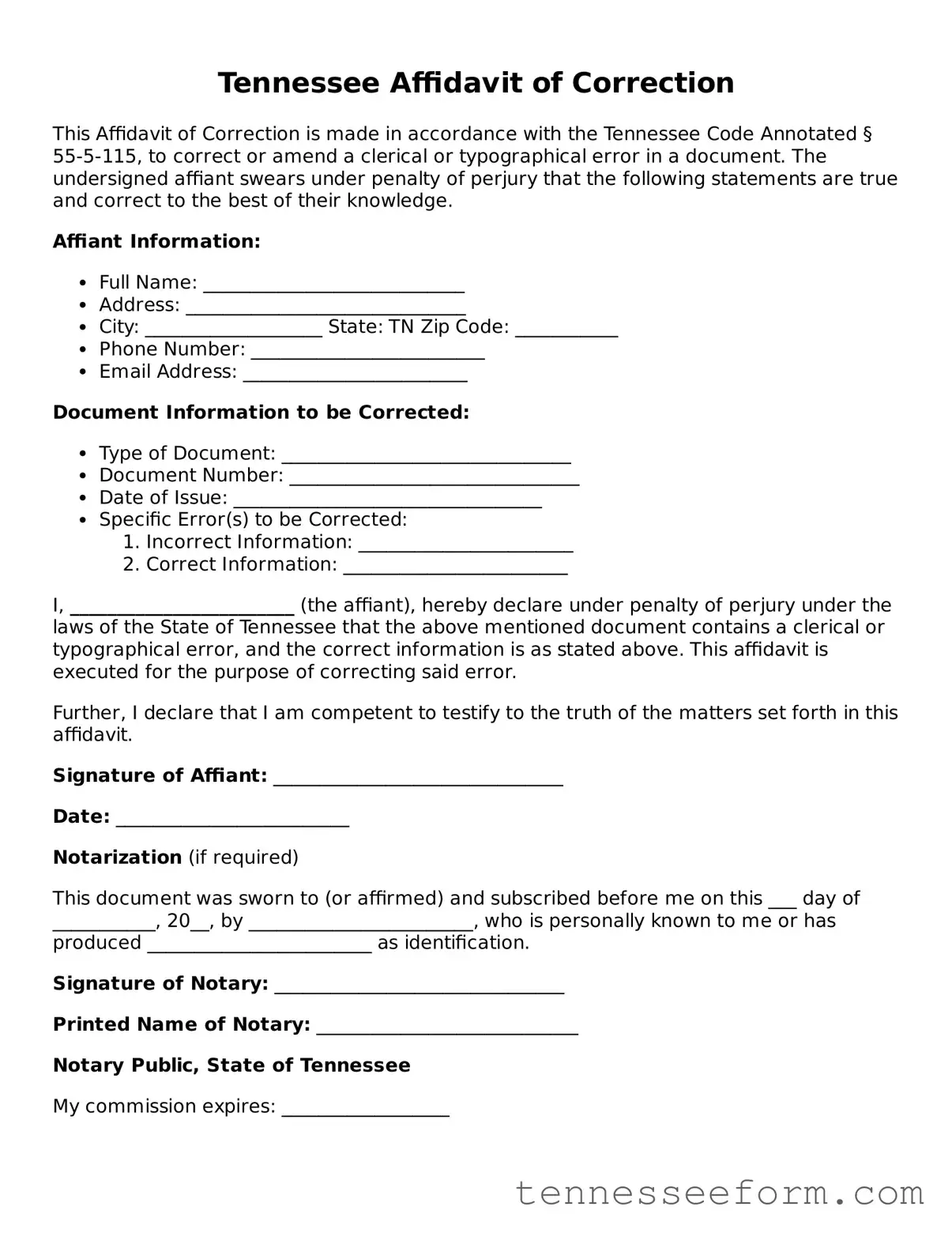 Tennessee Affidavit of Correction Document