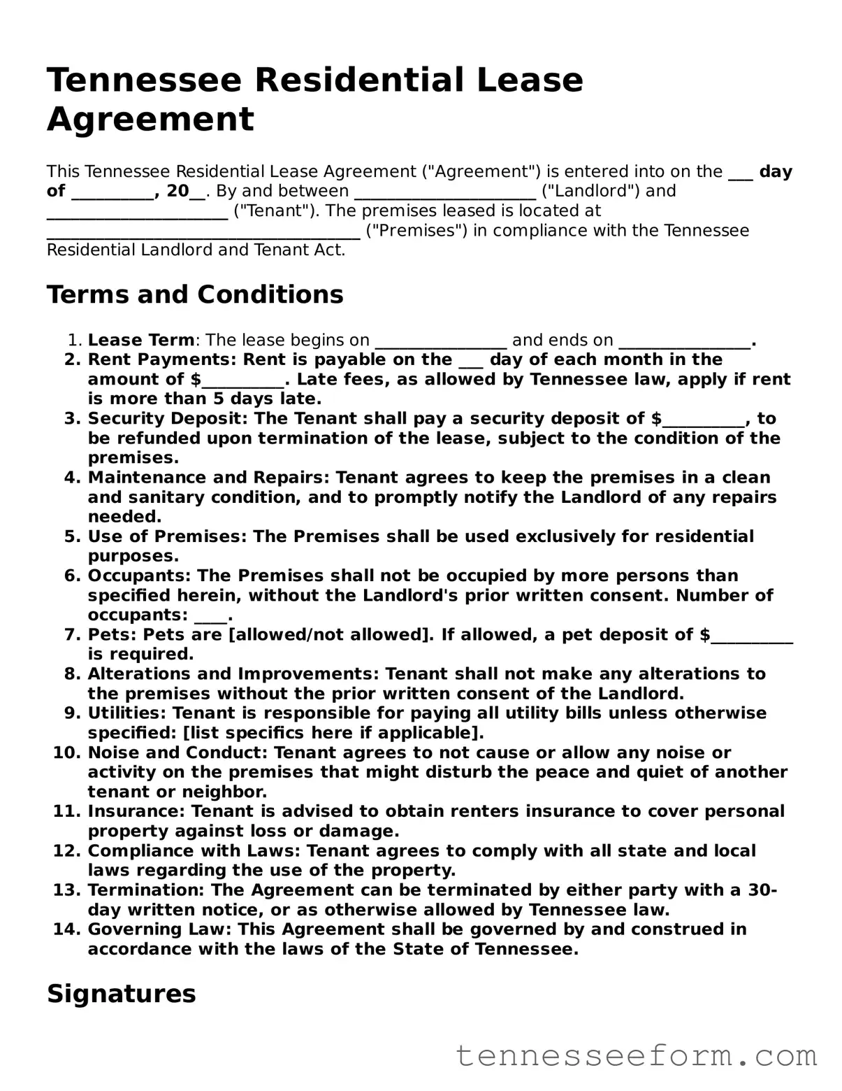 Tennessee Residential Lease Agreement Document