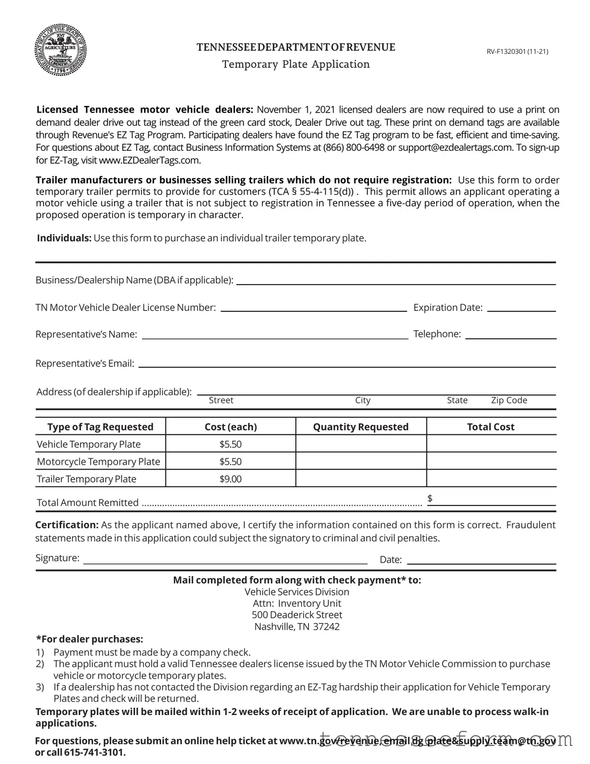 Get Tennessee Temporary Plate Template in PDF
